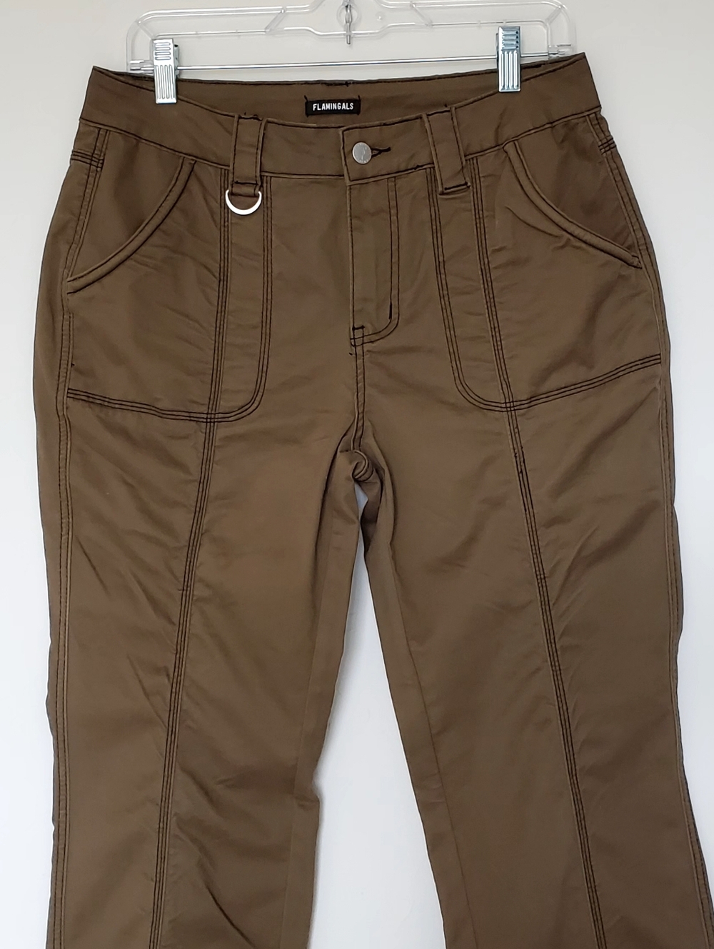 Flamingals Mid-Rise Straight Leg Cargo Exposed Stitch Pants, Brown Med - Picture 5 of 13
